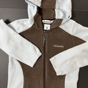 Columbia Sherpa Fleece Jacket Women's Size S Brown Blue Fullzip Hooded Outdoor